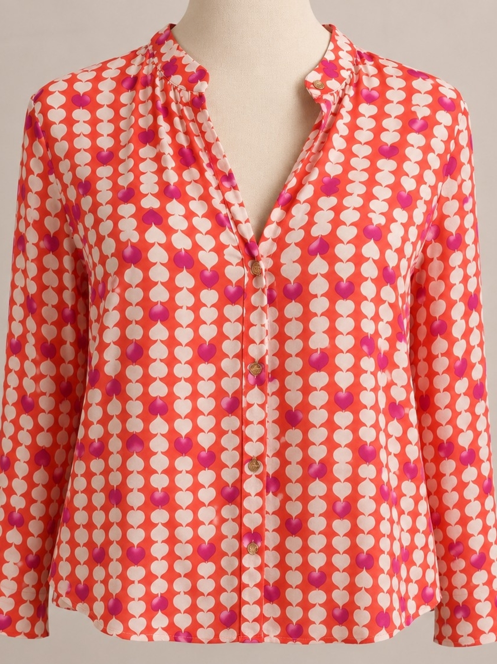 Silk Heart Print Blouse M Retro Mod Y2K - Picture 2 of 7